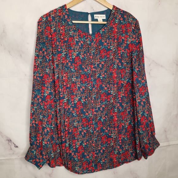 AVA & VIV Floral Pleated Long Sleeve Blouse X - Picture 1 of 10